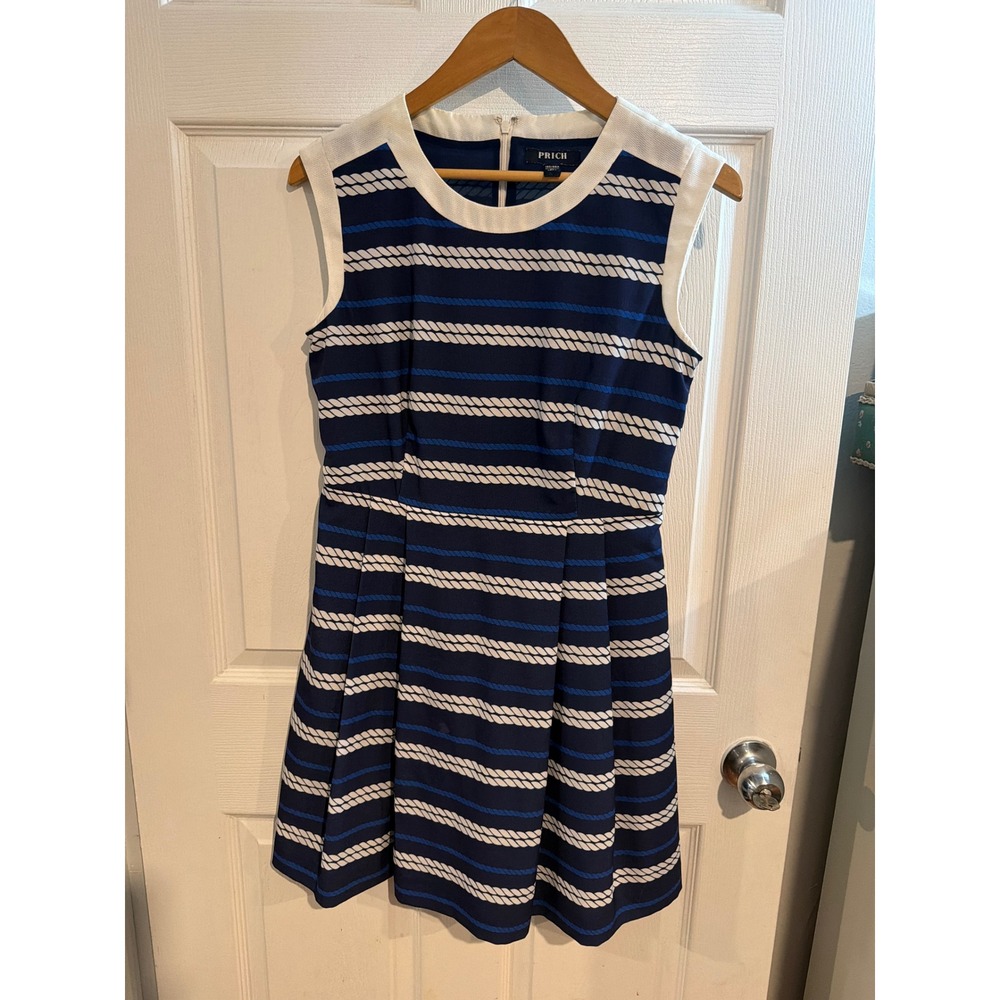Prich Nautical Rope Stripe Sleeveless Fit and Flare Dress Navy Blue White c18